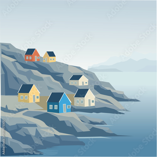 Colorful Coastal Village Houses on Rocky Cliff Landscape Vector Illustration