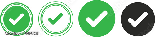Green check mark icons and tick symbols in circle and checkbox style representing approval, confirmation, success and completed tasks, modern minimal vector set for web interfaces, apps, checklists an