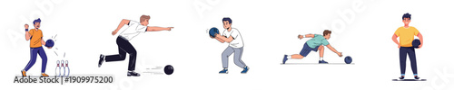Bowling Sport Actions Throwing Ball Dynamic Poses Flat Vector Collection