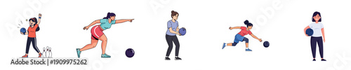 Female Bowling Sport Action Throws Dynamic Movement Flat Vector Characters
