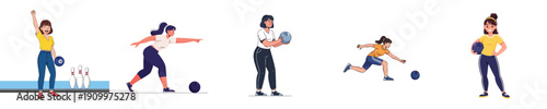 Women Bowling Activity Fun Throwing Ball Casual Lifestyle Flat Vector Collection
