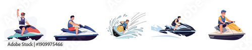 Jet Ski Adventure Riding Water Sport Action Outdoor Flat Vector Set