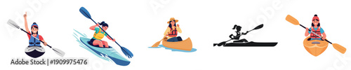 Women Kayaking Adventure Paddling Water Outdoor Recreation Flat Vector Set