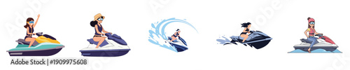Women Jet Ski Leisure Cruise Water Recreation Summer Flat Vector Collection