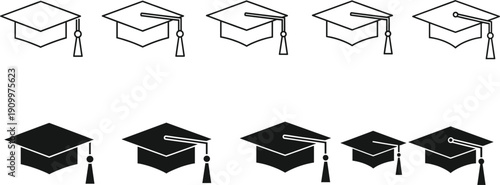 Academic Graduation Cap Icon Set Featuring Solid and Outline Mortarboard Designs for Education Degrees, University Commencements, Student Achievements, and School Certification Graphics