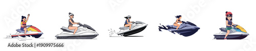 Women Jet Ski Sport Riding Action Water Fitness Flat Vector Set