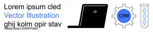 Digital marketing, business systems, genetic research, data analysis, tech solutions, science operations. A laptop, CRM gear icon and a DNA symbol. Digital marketing and business systems concept