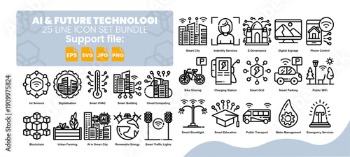 Set of 25 line icon related to artificial intelligence and future technology.