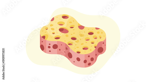 A vector graphic illustration of a sponge with a yellow top and pink bottom, featuring numerous holes and a unique shape.