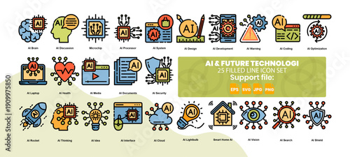 Set of 25 filled line color icons related to artificial intelligence.