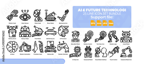 Set of 25 line icon related to artificial intelligence and future technology.