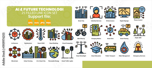 Set of 25 filled line color icon related to artificial intelligence and future technology.