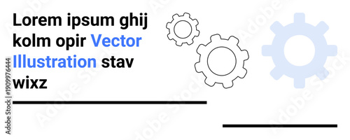 Technology, industry, innovation, automation, process management, teamwork. Minimalist design with gear icons and text space. Technology and industry concept with gear mechanisms and placeholders