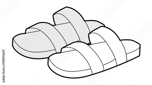 Slide sandal shoe women sketch pair. Double strap flat sandal for casual summer outfit beach walk. Technical fashion illustration CAD mockup vector man unisex isolated classic style.
