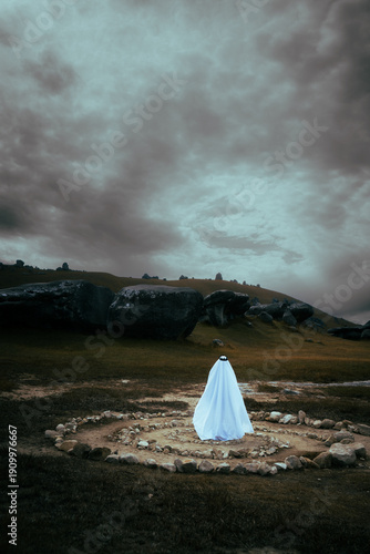 Photos Ghost in a spiral summoned in a stormy landscape spooky paranormal modern concep