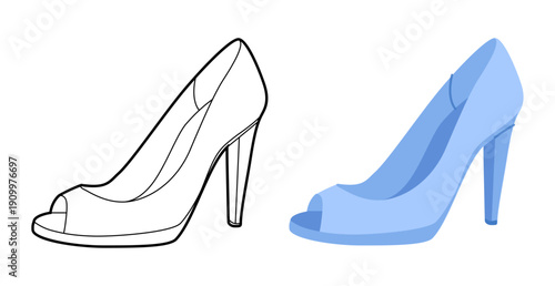 Peep toe pump women blue heel flat plus line set. Open toe fashion dress footwear for party, wedding, holiday outfit. Technical illustration, CAD mockup, vector men unisex isolated trendy style.