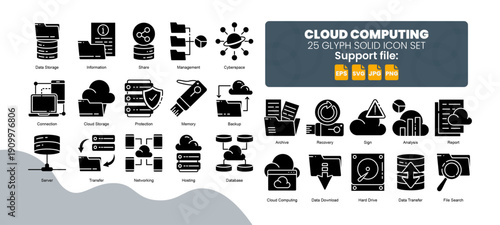 Set of 25 solid icon related to cloud computing.