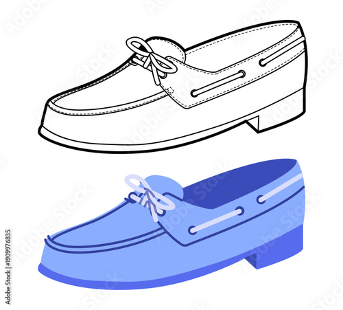 Blue boat loafer shoe women flat plus line set. Lace detail casual deck footwear for lifestyle magazine graphic project. Technical fashion illustration CAD mockup mixed vector man unisex isolated 