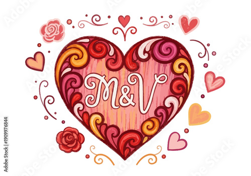 Heart with MV Initials Amid Bright Patterned Roses!