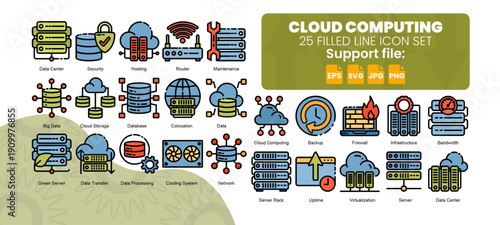 Set of 25 filled line color icon related to cloud computing.