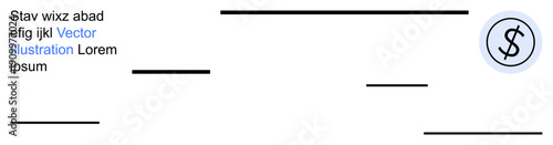 Financial services, currency exchange, money management, economic concepts, marketing materials, corporate design. Dollar currency symbol inside a circle with horizontal accents and text. Financial