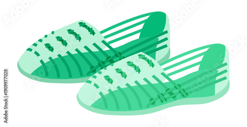 Huarache Green fisherman sandal shoe women flat pair. Transparent cage strap sandal pool deck sea shore. Technical fashion illustration CAD mockup soft vector man unisex isolated contemporary style.