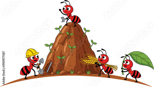 Cute Red Ant Colony Working Together to Build Anthill with Tools, Wheat, and Leaf for Teamwork, Cooperation, and Industrious Nature Concept Vector