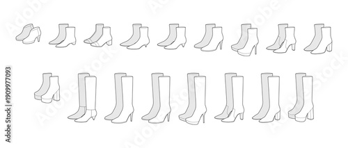 High heel boots women line pair. ankle sock, platform block, stiletto, knee, stiletto, pointed toe, block, tall. Technical fashion illustration CAD mockup vector men unisex isolated classic style.