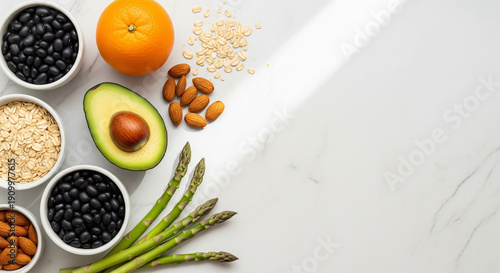Healthy assortment of high soluble fiber foods with oats legumes and fresh berries for gut health