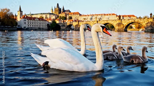 Scenic river view with swans and a historic bridge under a golden sunset glow