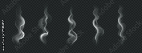 Hot steam from coffee, tea or food. Set of realistic wavy smoke effects isolated on transparent background