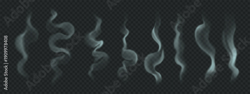 Steam of smoke from food, tea, coffee. Set of isolated PNG illustration of rising wavy vapor