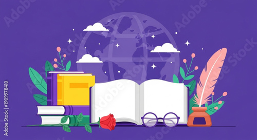 World Poetry Day Open book with a quill pen and inkwell, symbolizing knowledge, education, and the power of reading and writing