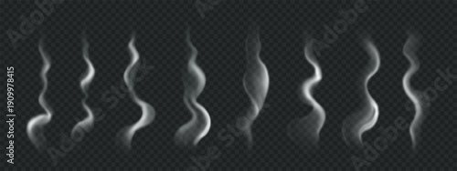 Set of hot coffee or tea steam. Smoke from food rising on transparent background. Isolated PNG illustration