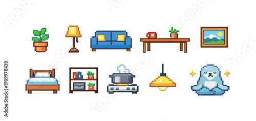Home and lifestyle pixel icon set. Cozy living space and decor pixelated collection