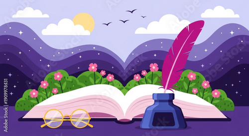 A whimsical illustration of an open book with a quill pen and inkwell, surrounded by nature and clouds, evoking creativity and storytelling