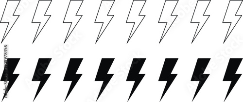 Set of Minimalist Lightning Bolt Icons in Outline and Solid Styles for Power Energy Electric Charging Battery Status and Weather Forecasting Graphic Designs