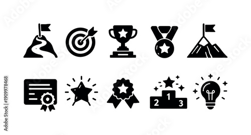 Achievement and awards solid icon set. Trophies, medals, certificates solid collection