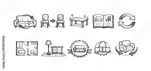 Furniture arrangement linear icon set: home layout, interior design icons collection