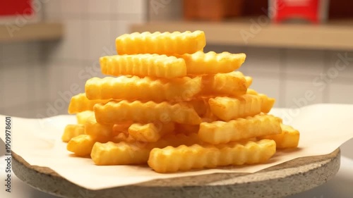 Wallpaper Mural Golden, crispy crinkle-cut fries stacked high on a plate, ready to be enjoyed as a delicious snack or side dish Torontodigital.ca