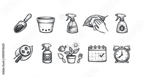 Gardening and pest control sketch icon set. Hand-drawn tools and plants collection