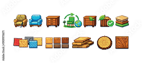Furniture and sustainability icon set. Eco-friendly, wood, and recycling flat icons