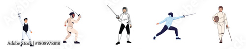 Fencing Sport Characters Dynamic Sword Fighting Training Flat Vector Set