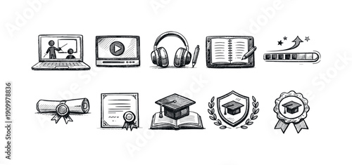 E-learning outline icon set. Online education, digital learning flat icons collection.