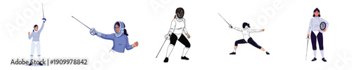 Female Fencing Characters Training Action Stances Flat Sport Vector Collection