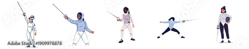 Women Fencing Athletes Action Training Poses Flat Design Sport Vector