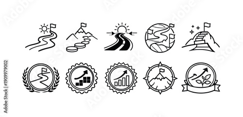 Journey and success linear icon set. Achievements, milestones, growth outline collection