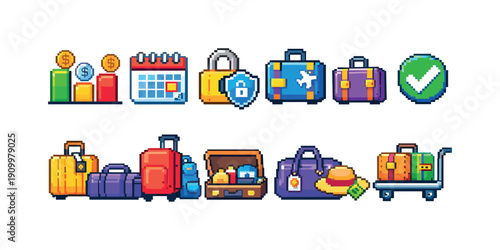 Travel and vacation icon set, flat style. Luggage, trip planning, suitcase icons collection.