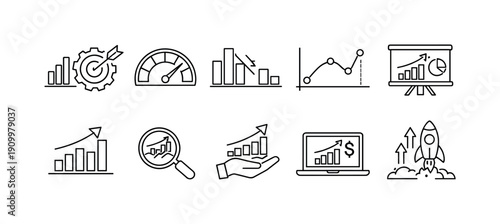 Business and finance growth chart icon set. Line style icons for success analytics.