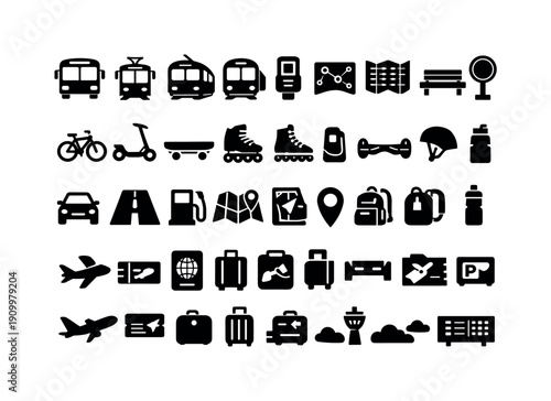 “Transportation, travel silhouette icon set. Vehicles, maps, luggage, airports collection